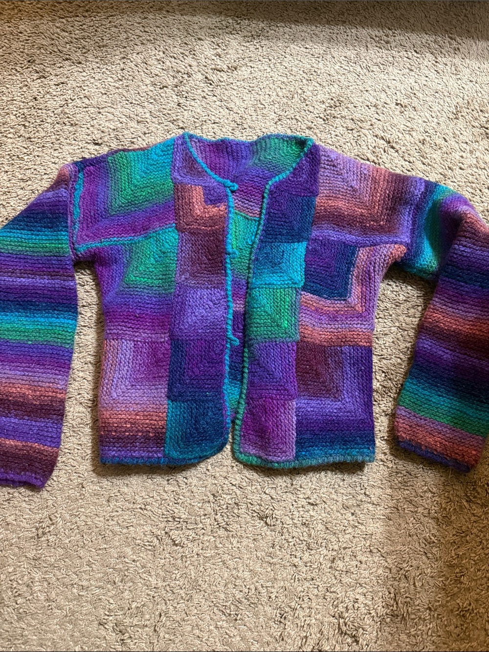 Handmade Patchwork Crochet Cardigan Womens size S-M, Gorgeous Purple and Green